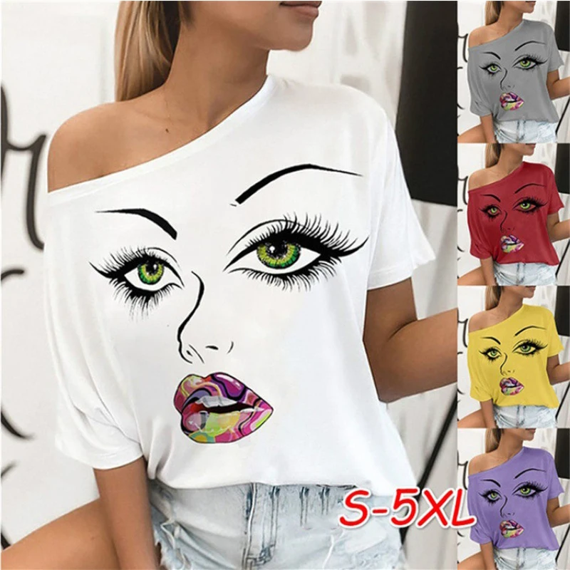 

Printed Fashion Personality Short sleeved T shirt Women's Summer Loose Casual Plus Size Blouses Off shoulder Solid Color Tops