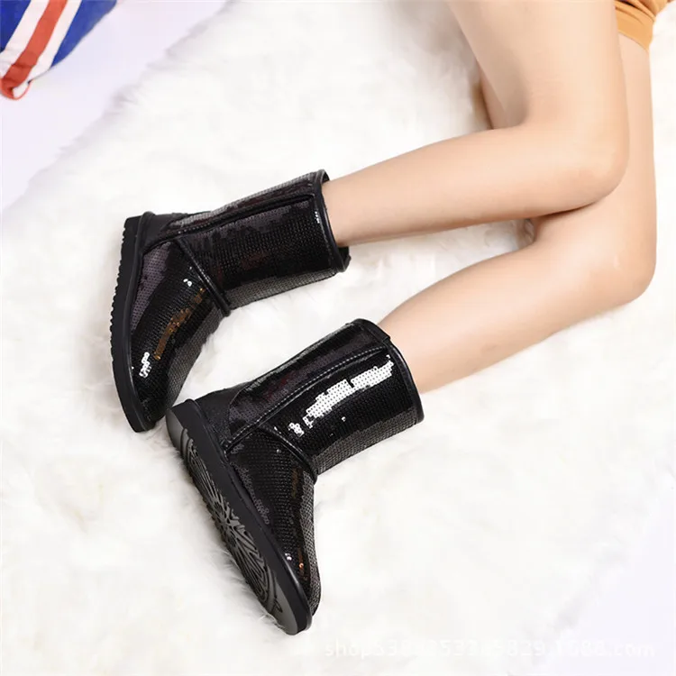 Женские ботинки Новинка Блестящие Зимние сапоги плюшевые из натуральной кожи