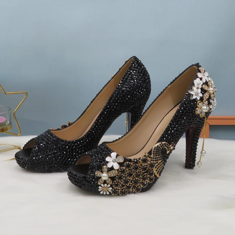BaoYaFang Open Toe Black crystal Peacock Party Dress Wedding shoes Bride woman High heel platform shoes Ladies Female Pumps