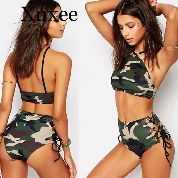 

Camouflage Bikini High Waist Swimsuit High Neck Swimwear Camo Bandage Cross Bathing Suit Women Army Green Bathing Wear Sexy
