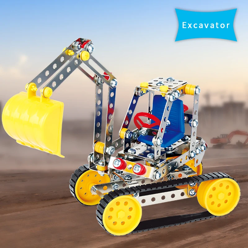 Стальной игровой набор инженерного экскаватора для строительства машин и конструкций из кирпичей для детей.