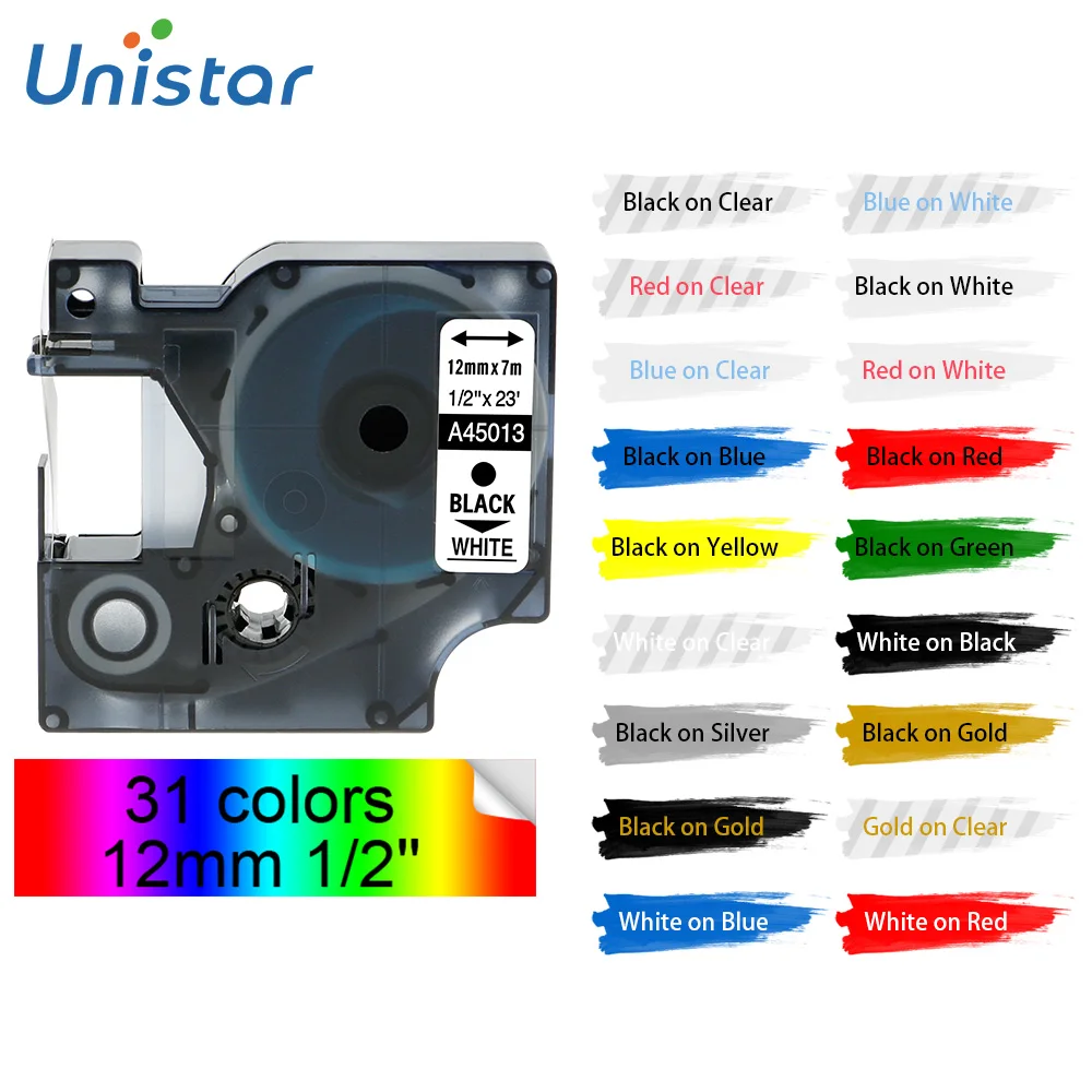 

Принтер для этикеток Unistar, совместимый с Dymo 45013 Tape 12 мм 45013 45010 45018 45023 210 Для LabelManager 280 300 450 45016 45013