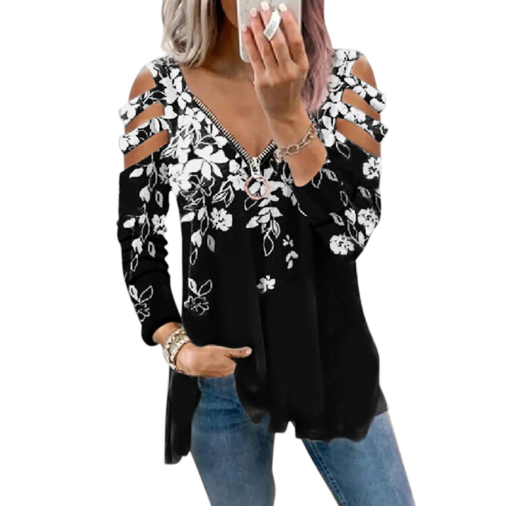 

Женская Свободная Повседневная футболка с цветочным принтом, Летняя ажурная блузка с коротким рукавом и V-образным вырезом на молнии, модны...