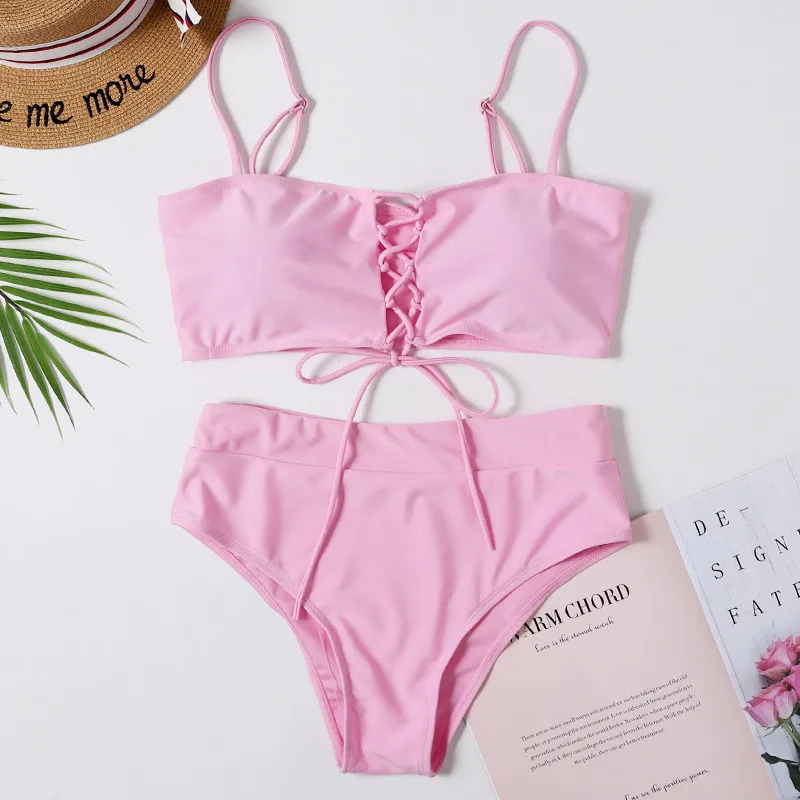 

ICNGLKSND 2021 Women Swimsuits High Waist 2PCS Summer Sling Lace-up Padded Push-up Bra Briefs Bikini Set Swimwear Beach Biquinis