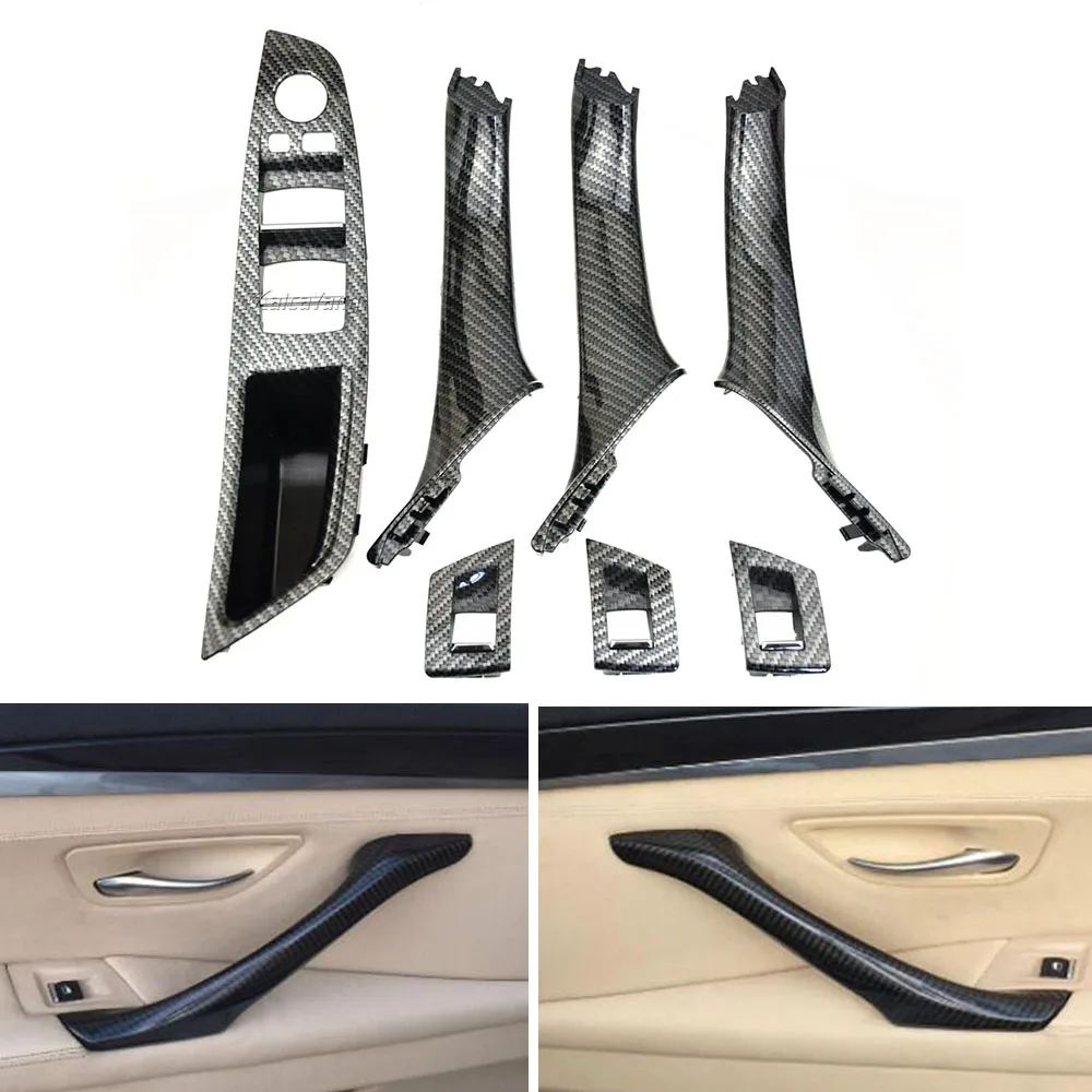

LHD RHD 7PCS Carbon Interior Door Pull Handle Storage Box Set Replacement for BMW 5 Series F10 F11 F18 520 523 525 528 530 535