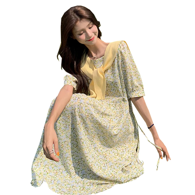 

Шифоновое платье с цветочным рисунком для женщин; Новинка 2021 года; Летнее женское платье трапециевидной формы с короткими рукавами; Винтажн...