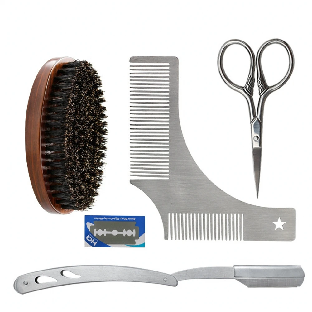 

6Pcs Men Beard Tools Kit With Beard Brush Shaving Razor Shear And Beard Comb Mustache Care Tool