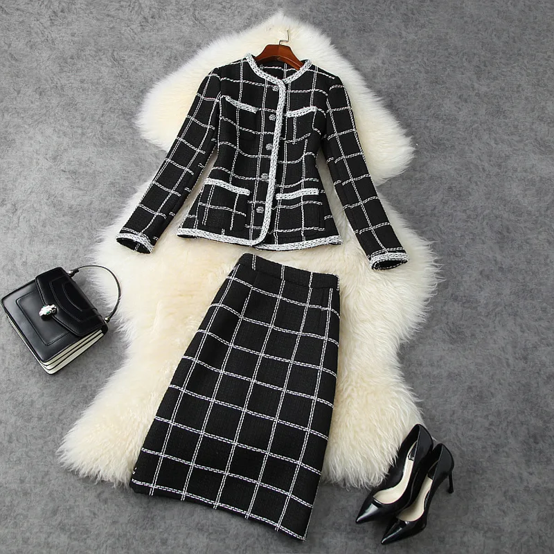 

Женский офисный костюм из двух предметов, винтажный клетчатый шерстяной твидовый пиджак и юбка, элегантный костюм для вечерние, зима 2021