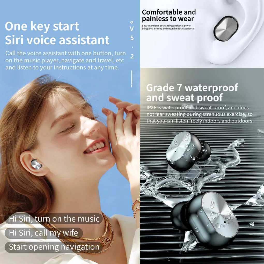 pack of 2 wireless earphones bluetooth compatible 5 1 in ear headphones rechargeable with charging case emergency flashlight free global shipping