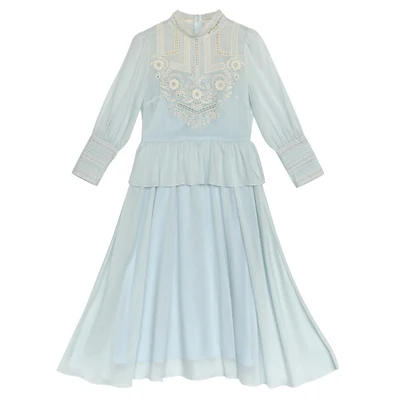 

LYNETTE'S CHINOISERIE Spring Autum New Arrivals Original Design Women Vintage Mori Girls Embroidery Water Blue Slim Dresses