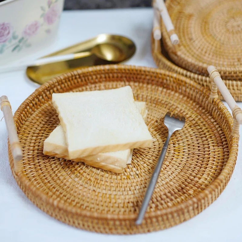 Hand-woven Rattan Round Storage Basket Tray With Wooden Handle Wicker Bread Fruit Cake Food Plate Decorative Serving | Дом и сад