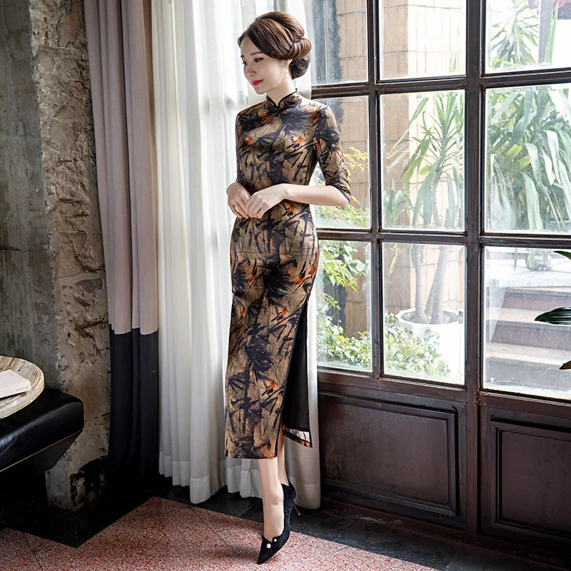В китайском стиле Чонсам Винтаж юбка с принтом шелковое cheongsam qipao китайское традиционное платье для женщин Элегантное платье для женщин
