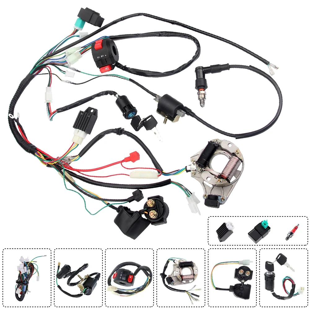 

Complete Electrics Wiring Harness Stator Coil CDI Solenoid Relay Spark Plug for 4 Wheelers Stroke ATV Pit Quad Dirt Bike