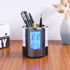 1pc Digital Mesh Pen Pencil Holder With LED Light LCD Desk Alarm Clock Pen Holder Pens Rulers Office Desk Organizer