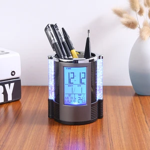 1pc Digital Mesh Pen Pencil Holder With LED Light LCD Desk Alarm Clock Pen Holder Pens Rulers Office Desk Organizer
