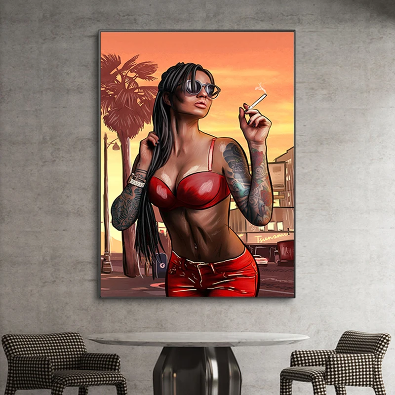 

Abstract Modern Cool Sexy Bad Girl Smoking Canvas Painting Wall Art Poster and Print Wall Art Pictures for Living Room Cuadros