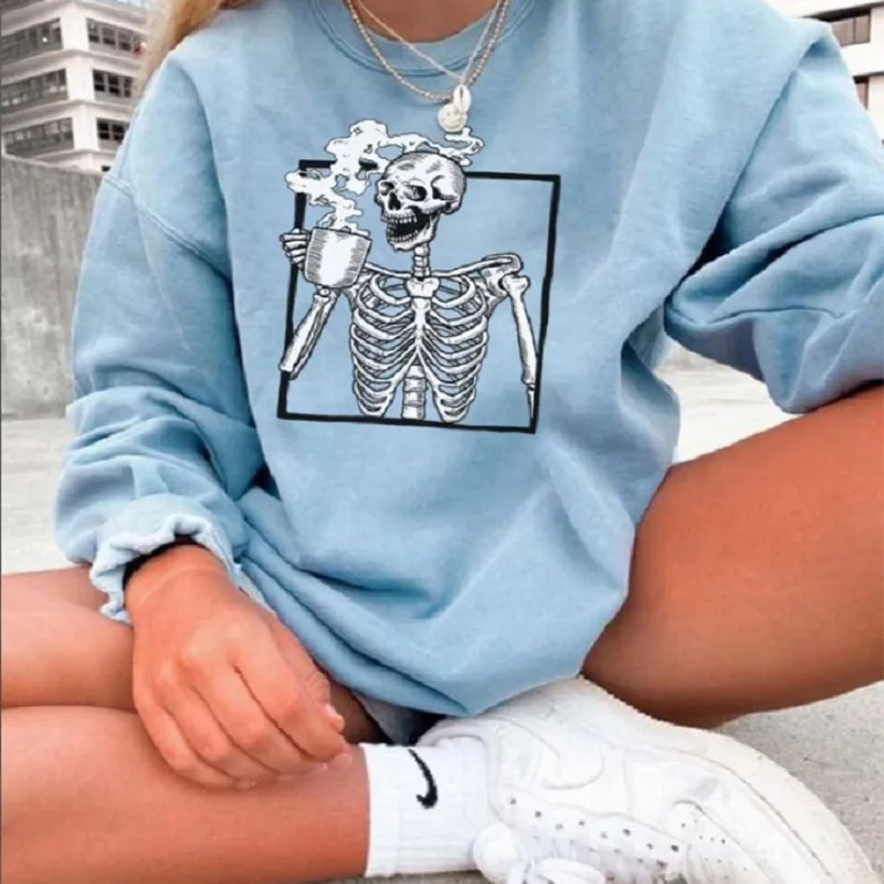 

Blue Skull Print Crewneck Sweatshirt Women Fashion Loose Casual Vintage Long Sleeve Autumn Top Pullover Harajuku Streetwear 2021