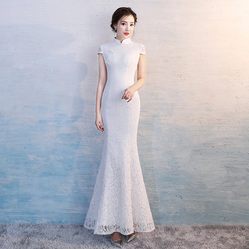 Кружевное изысканное платье-Ципао с белыми цветами винтажное платье на