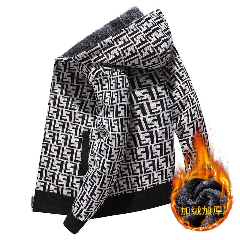 

New men's and women's autumn and winter plus velvet thick knitted cardigan casual hooded sweater color matching knitted jacket