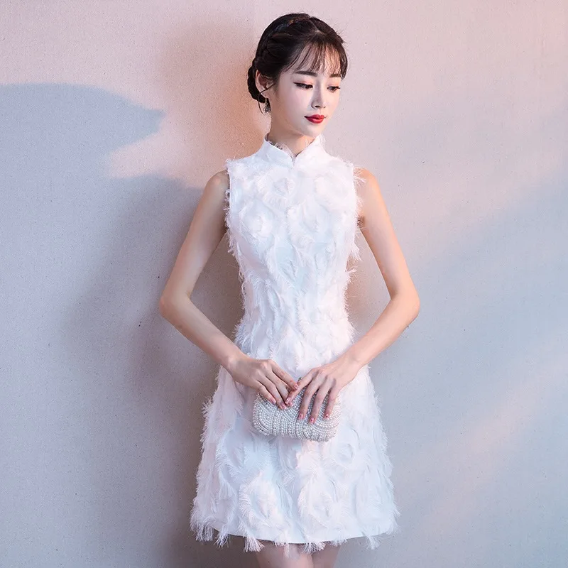 Белое Женское платье без рукавов Cheongsam короткие тонкие вечерние платья весеннее