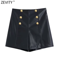 zevity women fashion buttons decoration casual slim pu leather hots shorts female chic high waist zipper pantalone cortos p1242