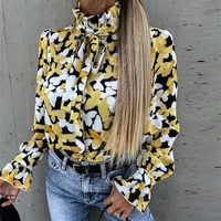 spring autumn new long sleeve top blusa sexy stand collar bow women blouses fashion pattern print elegant office shirt pullover
