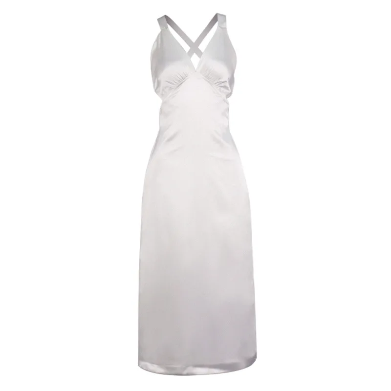 

2021 Women's Sexy Satin V-neck Halter Strap High Slit Mid Skirt Dress Summer