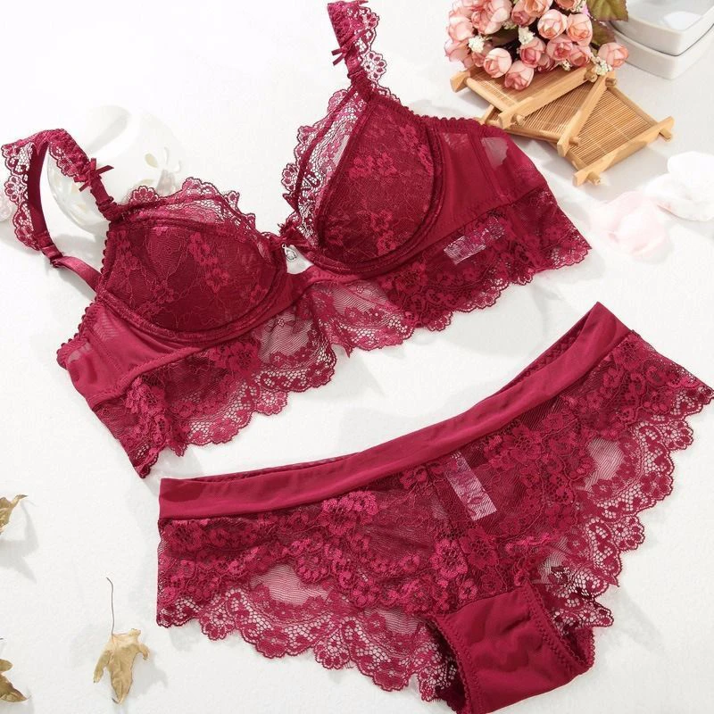 

Women Underwear Sets Embroidery Lace Lingerie Push-Up Padded Top Bra Crop+Panty Outfit Hollow Out Sexy Ladies Tracksuit