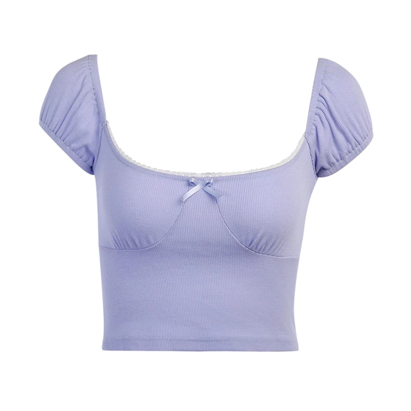 Женский облегающий топ с кружевным бантом короткий квадратным вырезом на груди и