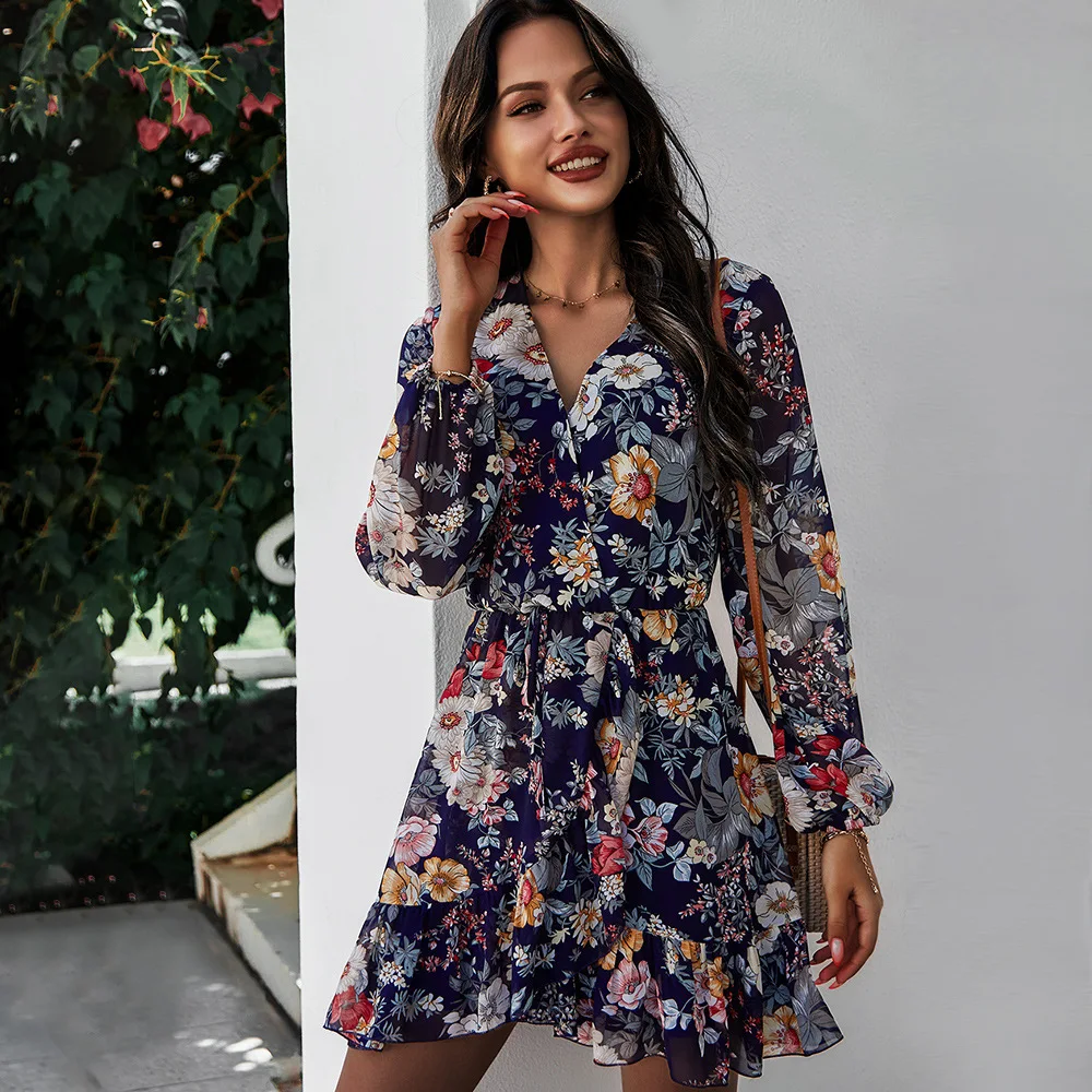 

New Women's Wear 2021 Spring And Summer V-neck Long Sleeve Chiffon Printed Dress Women Elegant Skirt Suits