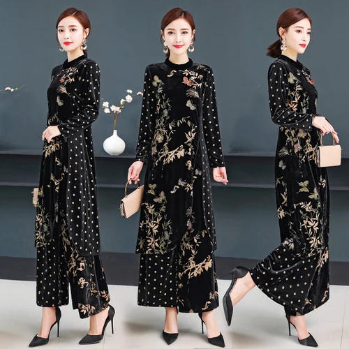 

2021 New Style Autumn Women Velvet Retro Dress Wide Leg Pants Two Piece Set Print Plus Size Sets For Women Elegant Chinese Style