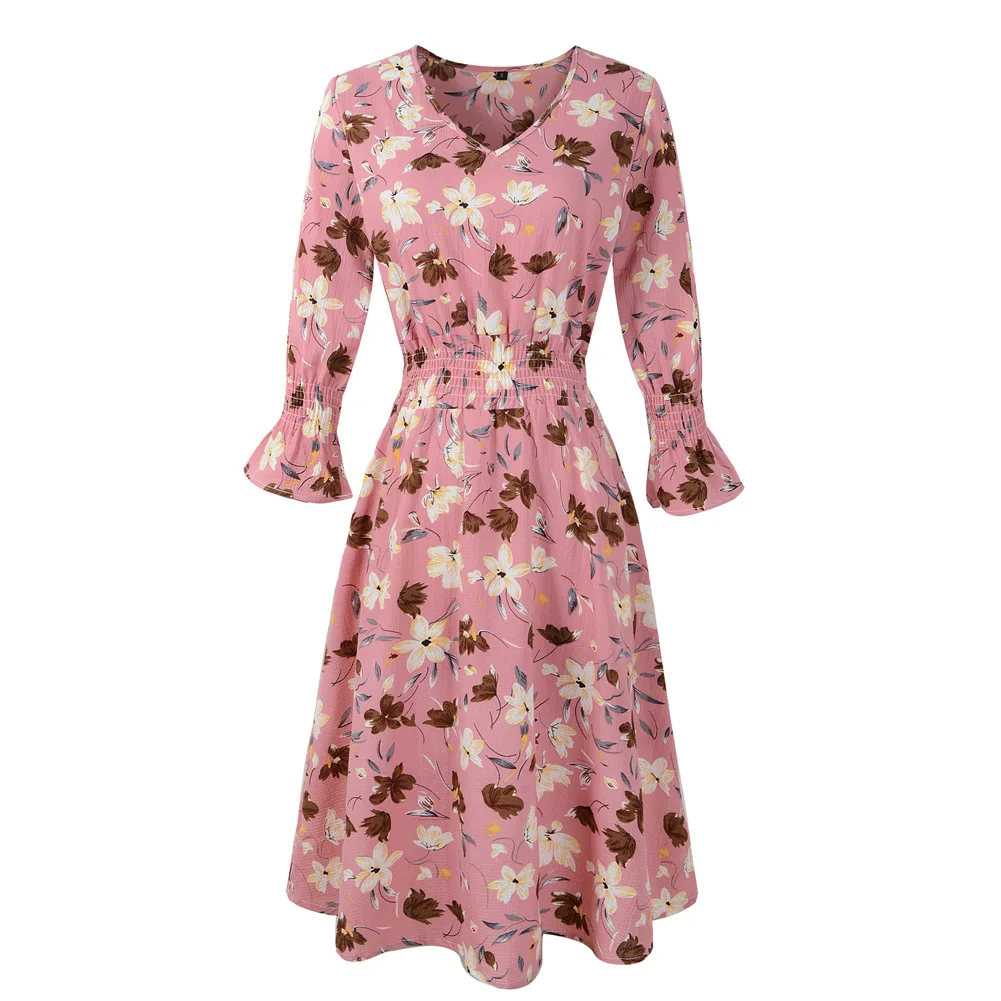 

Summer Dress Three Quarter Sleeve Mid Floral Dresses For Women 2021 V-Neck Big Swing A-Line Female Casual Dress Vestidos Robes
