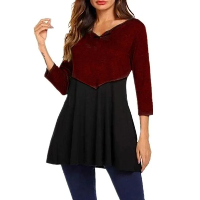 

Ladies Panelled Color Dress Three Quarter Sleeve Loose Round Neck Dress Casual Women's Clothing Autumn Streetwear