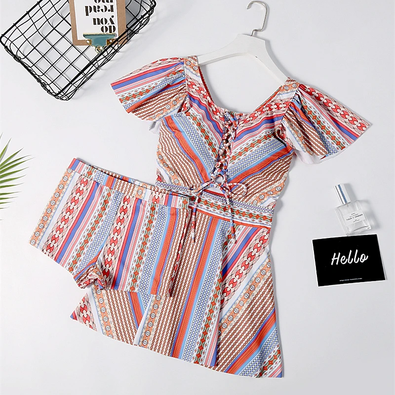 STAERK split flat skirt women short sleeve pink swimsuit Halter Tankini Sets Two Piece Push-Up Bikini With Surfing Short | Спорт и