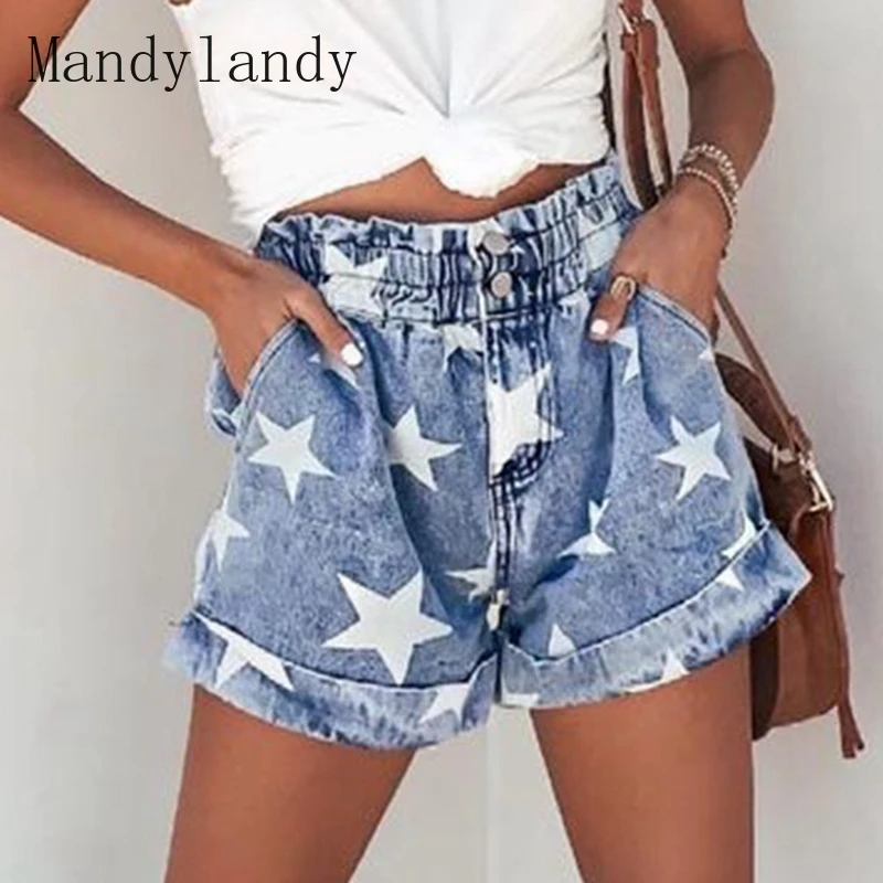 

Mandylandy Straight Shorts Jeans Streetwear Shorts Jeans Women Summer Star Printed Button Short Denim Pants High Waist Pockets