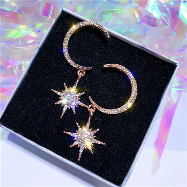 Rose Gold Шарм Дамы Луна Звезда Серьги-подвески уникальный стиль серебро розовое золото Подвесные серьги Элегантные свадебные серьги для женщин - Окраска металла: Rose Gold