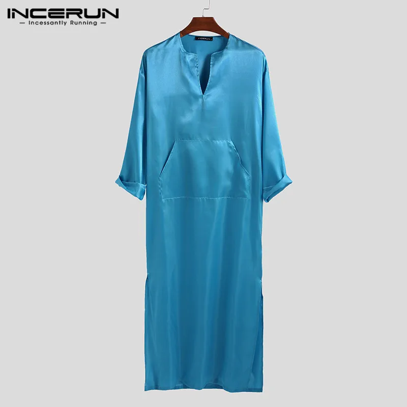 Blue INCERUN, брендовый халат для сна, для мужчин, сплошной цвет, шелк, атлас, мешковатые, v-образный вырез, длинный рукав, карман, сексуальная одежда для сна, домашнее, для мужчин, s, пижамы, халаты - Цвет: Blue