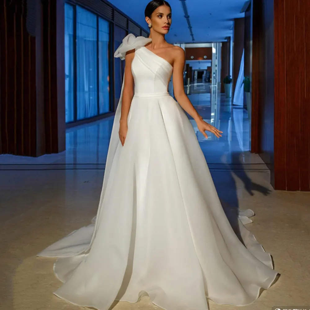 

One Shoulder Organza Wedding Dress 2022 For Women Custom Made Robe De Mariee Elegant A Line Bridal Dresses Newest Wedding