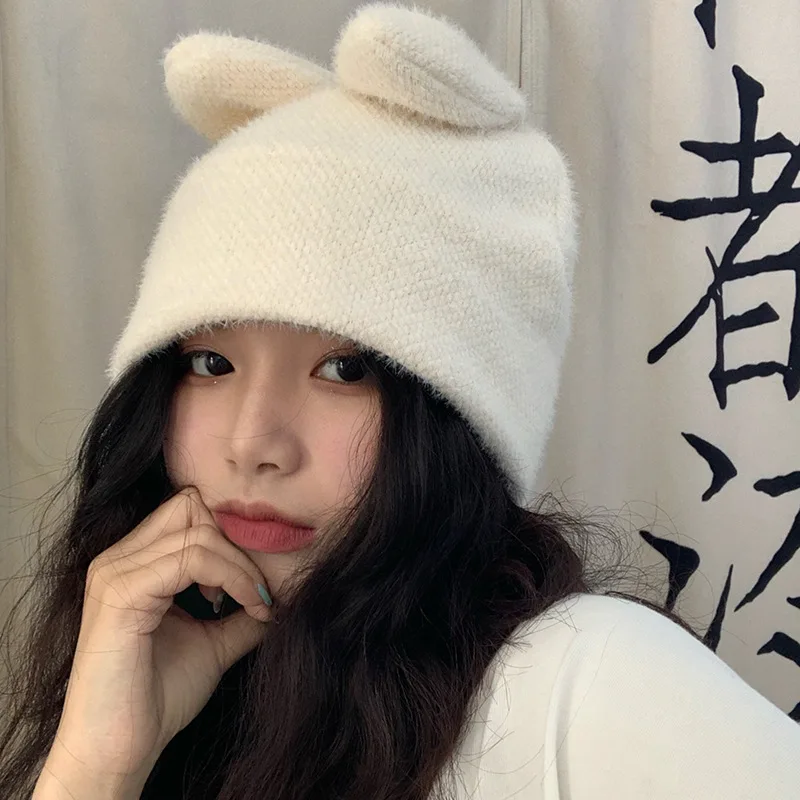 

Soft Fufu Small Milk Blocks Rabbit Ears Knitted Hat Woolen Cap Cute Sweet Girl Furry Winter Pile Heap Cap