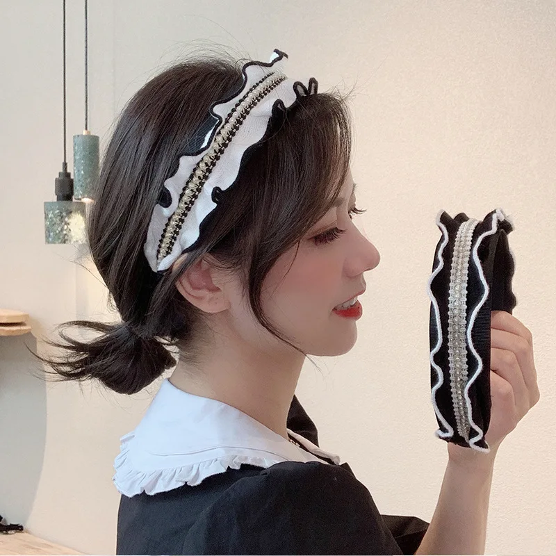 

Women's Hair Band Knitting Lotus Leaf Pearl Korean Version Black Small Fragrance Headband Sweet Temperament Hair Accessories