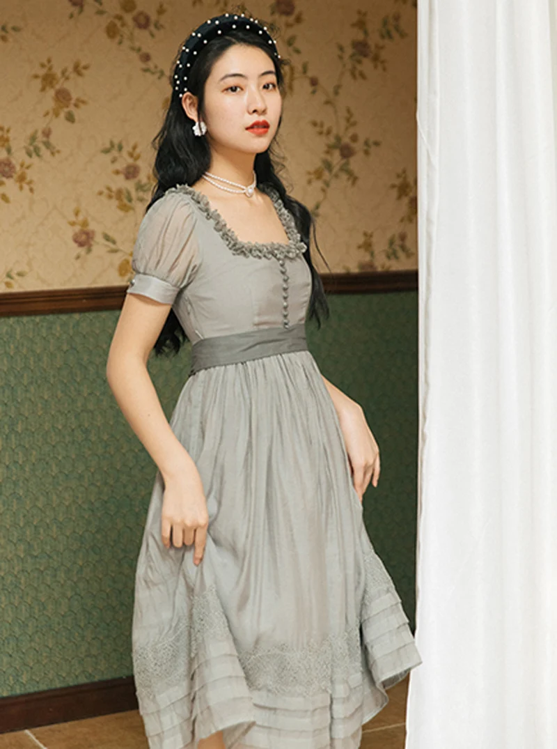 

Vintage Royal Style Women Gray Dress Summer Retro Suqare Collar Lantern Sleeve Fairy Princess Dresses Gatsby Ropa Mujer Verano