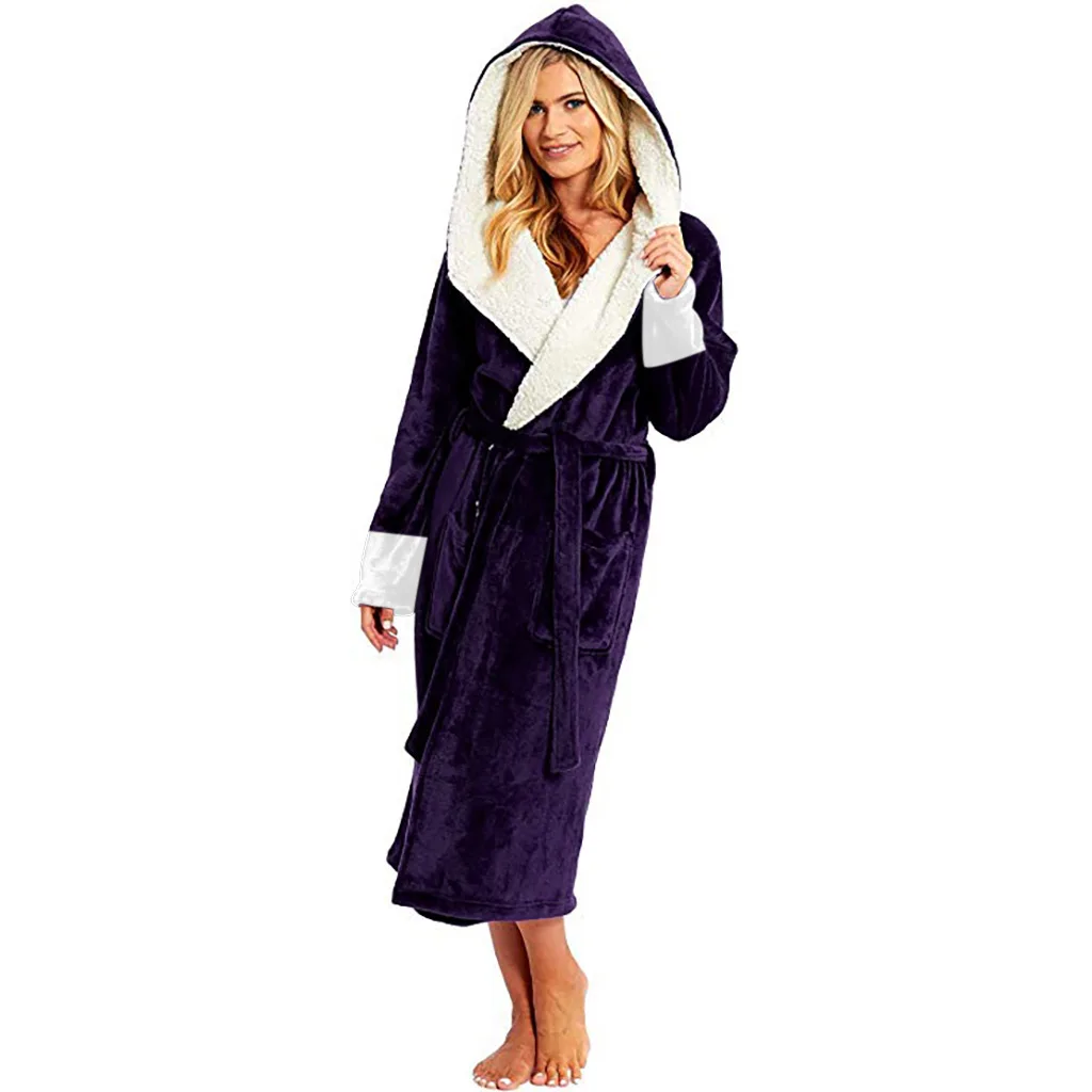 Women's long bathrobe nightgown with belt for autumn and winter-7