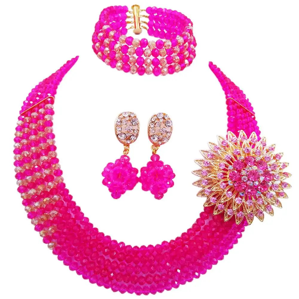 

pretty fuchsia pink and champagne gold ab costume necklace african set crystal bead nigerian wedding jewelry set