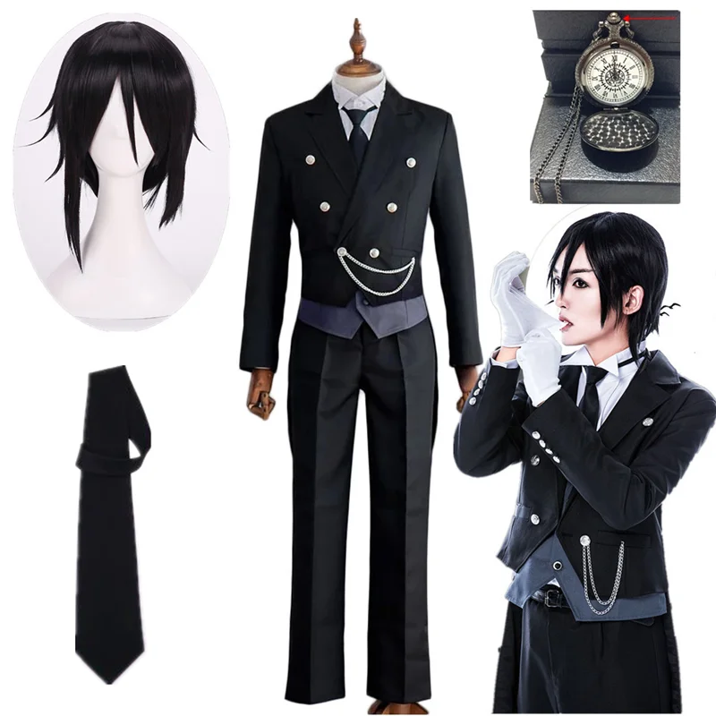 

Black Butler 2 Kuroshitsuji Sebastian Michaelis Cosplay Costume Unisex Uniform Halloween men women Cosplay Costume and wig