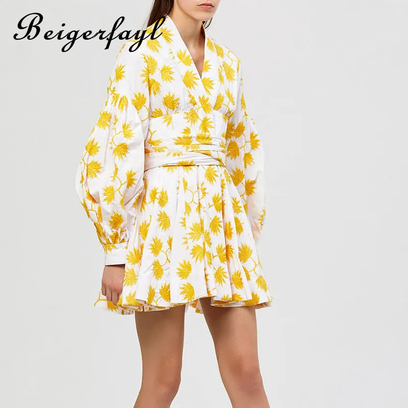 Beigerfayl Summer Vintage Yellow Maple Leaf Print Embroidery Women Dress V Neck Lantern Sleeve High Waist A-line TDR19784 | Женская
