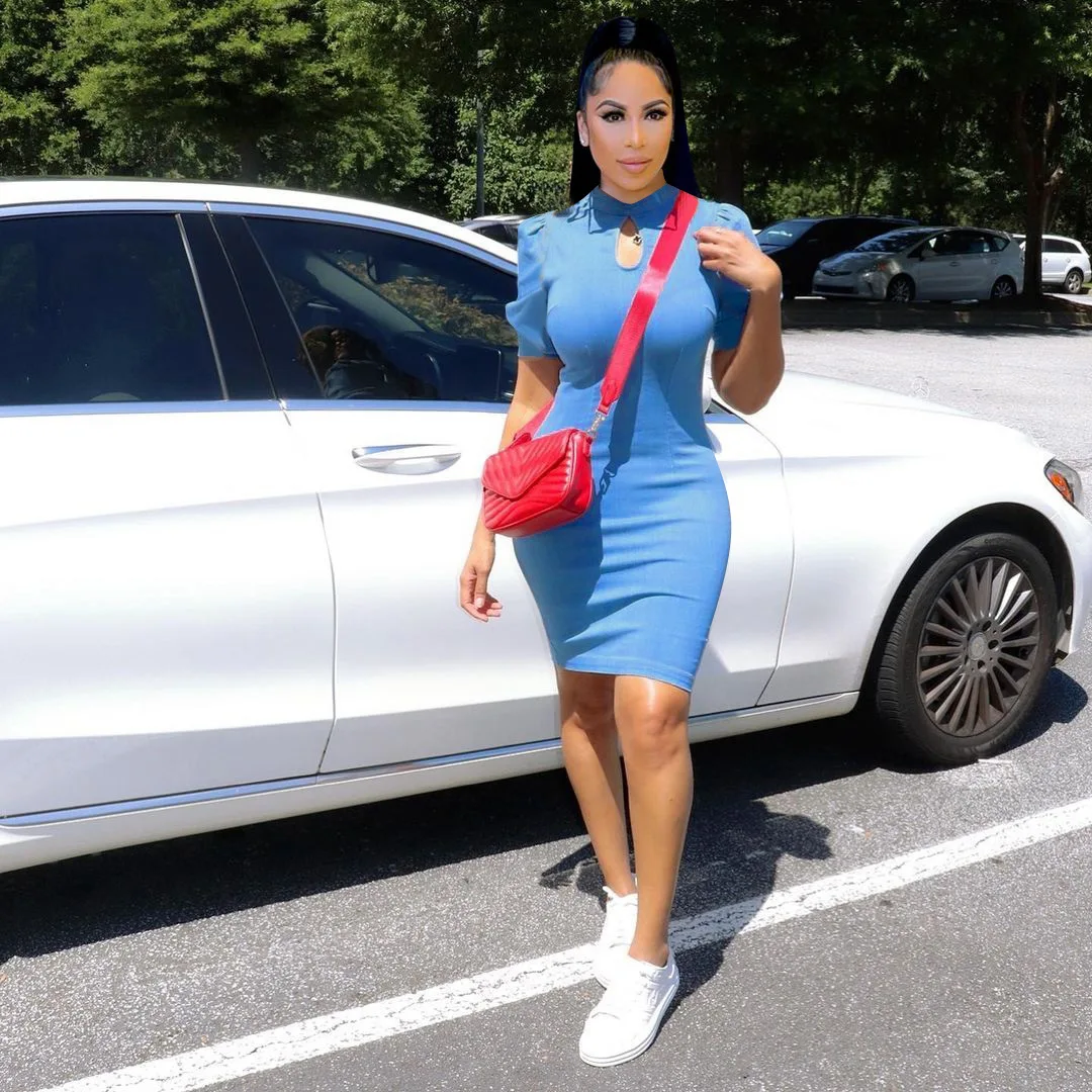 

Elegant Women's Short Skirt Long Sleeve Sexy Party Design Dress Imitation Denim Half-Height Round Neck Dress Vestidos De Fiesta