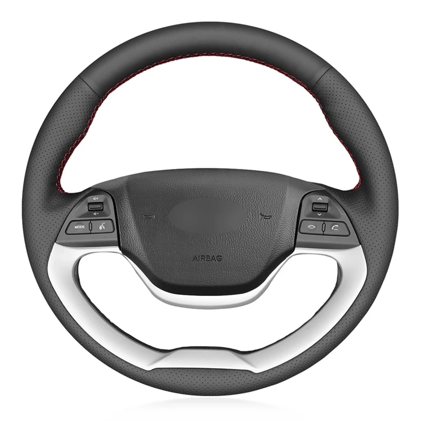 Black PU Faux Leather DIY Hand-stitched Car Steering Wheel Cover for Kia Morning 2011-2016 Picanto 2012-2015