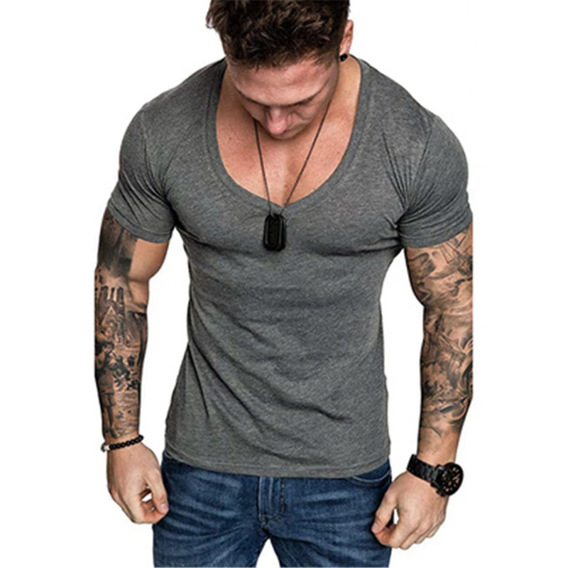 

2021 Summer Men's V-Neck Pullover T-Shirt Men's Pure Color Brand Sports Fitness Short Sleeve Fashion All-Match Slim Base Top