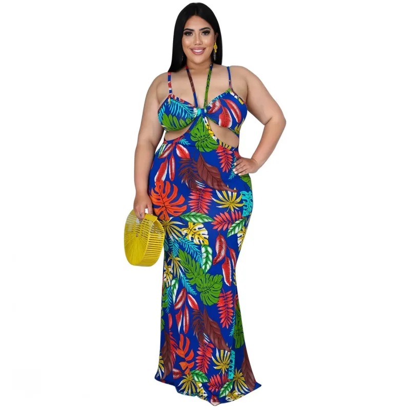 

3XL 4XL Plus Size Dashiki African Dresses For Women Halter Hollow Sexy Robes Summer New Print Beach Bohemian Long Maxi Dress