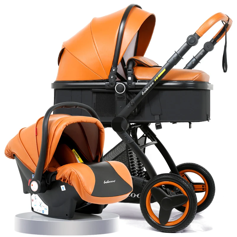 

Belecoo baby stroller 3 in 1 High landscape stollers Eco Leather Shock Absorber four wheel trolley